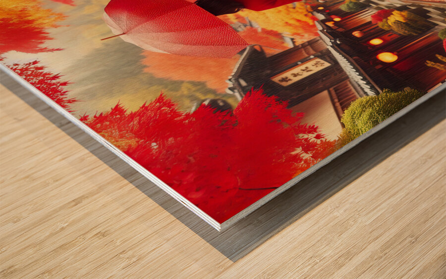 378 Woman in Red Coat with Red Umbrella from behi Wood print