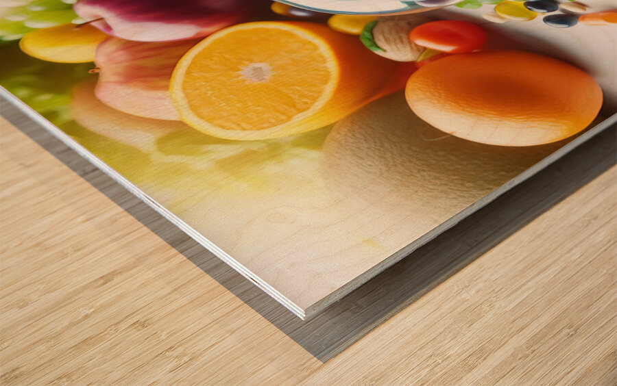 309 clear capsule overflowing with essential mult Wood print