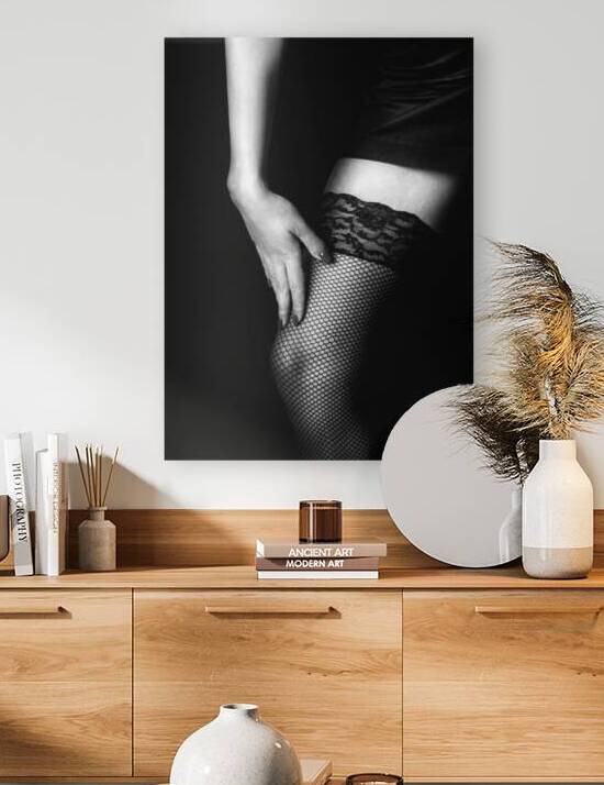 Black and white image of sensual woman touching her legs in lace by Jelena Jovanovic Fine Art