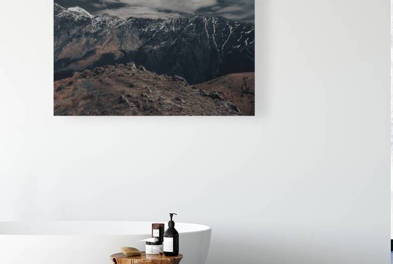 Dramatic rocky mountain landscape. Beautiful Georgian nature in muted colors. Caucasus mountain peaks under snow. by Jelena Jovanovic Fine Art