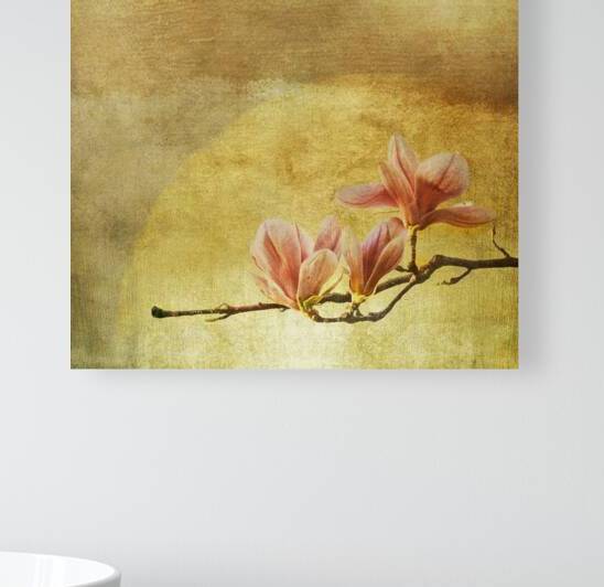 Magnolia flower tree with golden foil paint on art canvas in japandi style by Jelena Jovanovic Fine Art