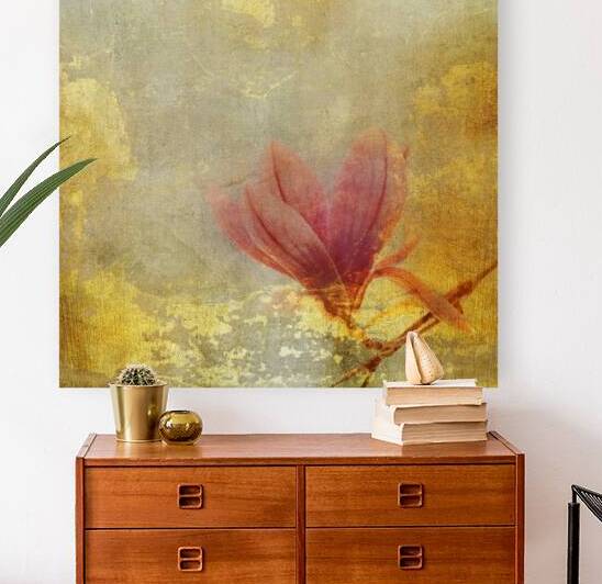 Magnolia flower bloom with gold abstract paint texture in boho style by Jelena Jovanovic Fine Art