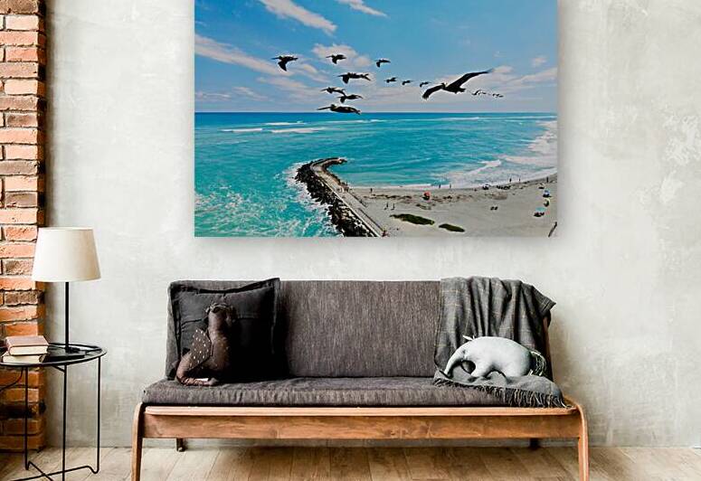 Pelicans in Flight Reproduction