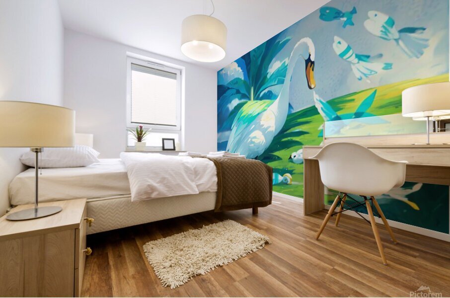 swan catching fish Mural print