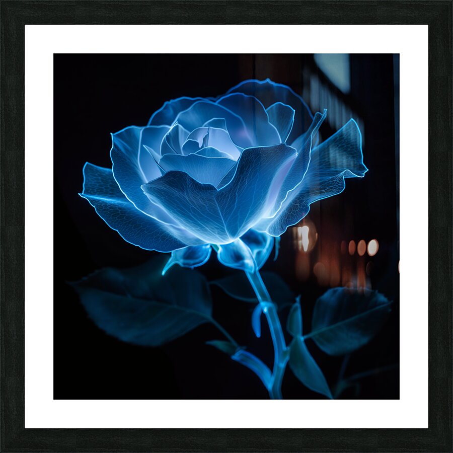 Blue Bioluminescent Rose Black Background Picture Frame print