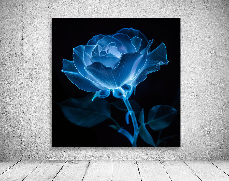 Blue Bioluminescent Rose Black Background Wall Preview
