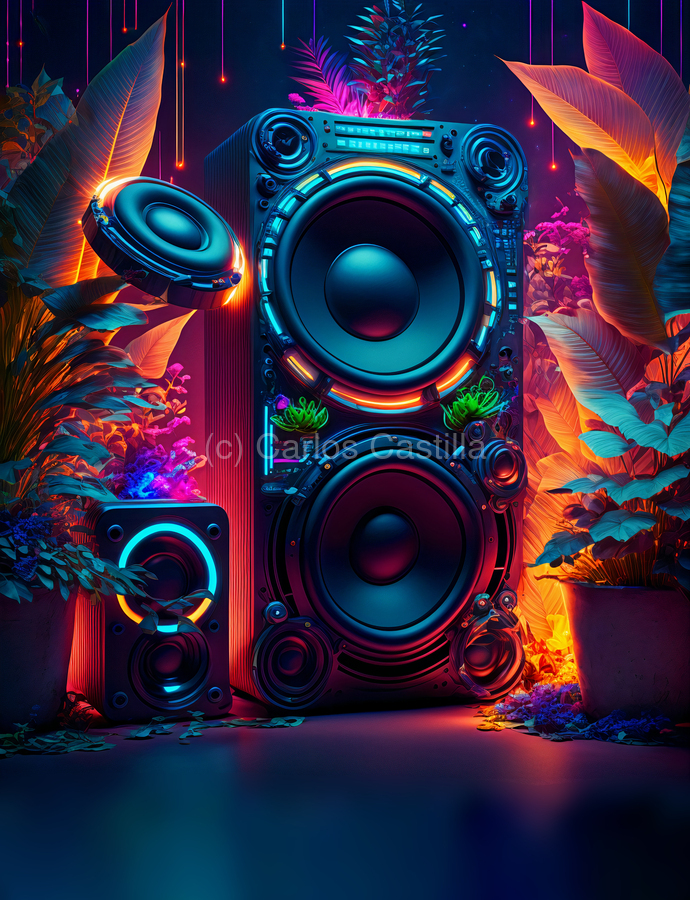 Sound system neon.Futuristic high fidelity acoustic sound system