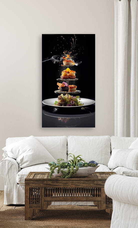 Luxurious and sophisticated food.Ai generated.Healthy avant-garde cuisine. minimalist food sculpture made of fruits and fish. by Carlos Castilla