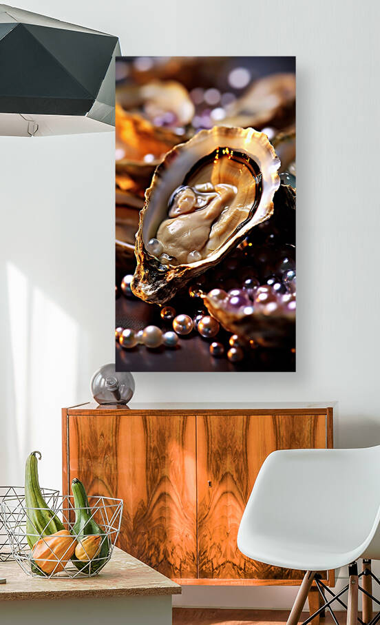 Luxurious and sophisticated food.Ai generated.Oysters on stone plate with ice and lemon spherification like pearls. by Carlos Castilla
