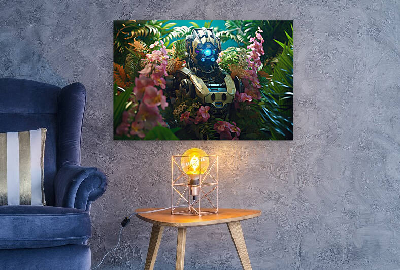 Robot and flowers on nature.Ai generated.Robots as a symbol of connection between nature and artificial intelligence technology. by Carlos Castilla