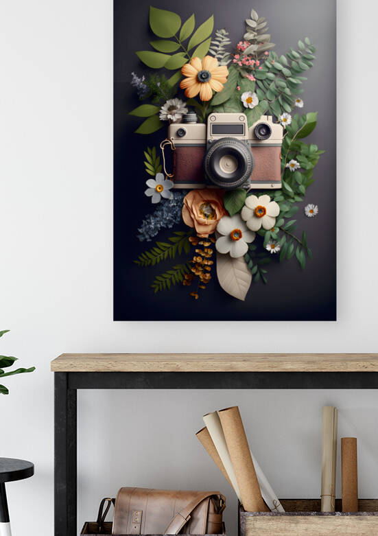 Vintage old photo camera and flower decoration.Lifestyle concept with adventure photography and photojournalism.Ai generated by Carlos Castilla