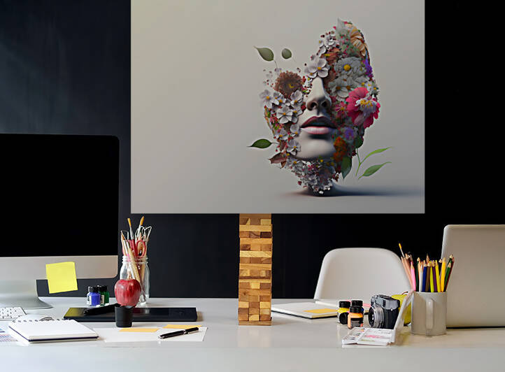 Concept of spring and wellness in health.Natural and organic makeup and cosmetics.Womans face decorated with flowers and ornamental with foliage on white background.Ai generated. by Carlos Castilla