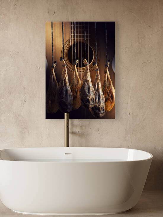 Dry Spanish ham Jamon Serrano Bellota Italian Prosciutto Crudo or Parma ham.Slicing Spanish iberic ham. Design Spanish jamon and spanish guitar traditional food and culture. by Carlos Castilla