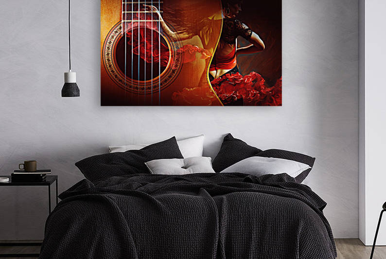 Flamenco music design. Background of traditional Spanish gypsy music. Spanish guitar and flamenco dancer. by Carlos Castilla