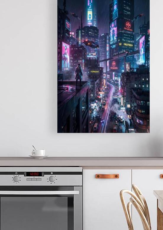 Cyberpunk Cityscape with Figure on Rooftop by DreamLorenaDesigns