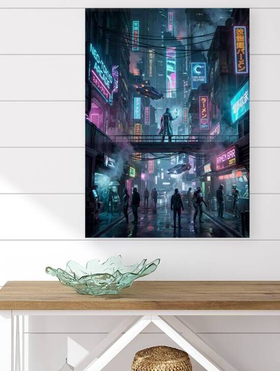 Cyberpunk Cityscape with Figure and Flying Cars by DreamLorenaDesigns