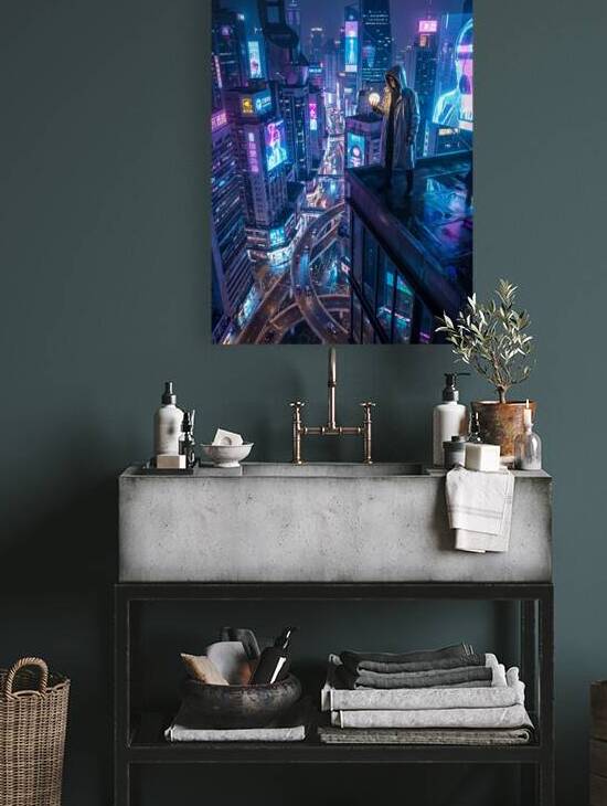 Cyberpunk Cityscape with Figure Holding Orb by DreamLorenaDesigns