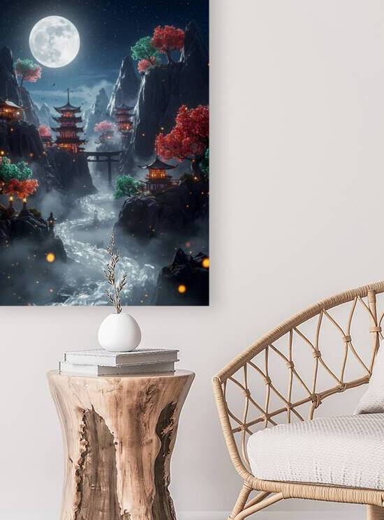 Fantasy Japanese Night Landscape with Golden Trees and Diamond River by Design Aura
