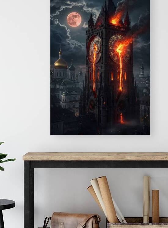 Burning Clock Tower Under a Red Moon by Design Aura
