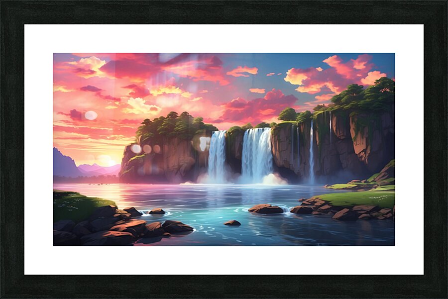 Majestic Anime-Style Waterfall Sunset – A Dreamlike Cloud Aesthetic Picture Frame print
