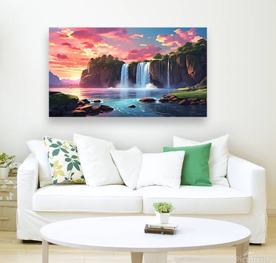Majestic Anime-Style Waterfall Sunset – A Dreamlike Cloud Aesthetic Reproduction