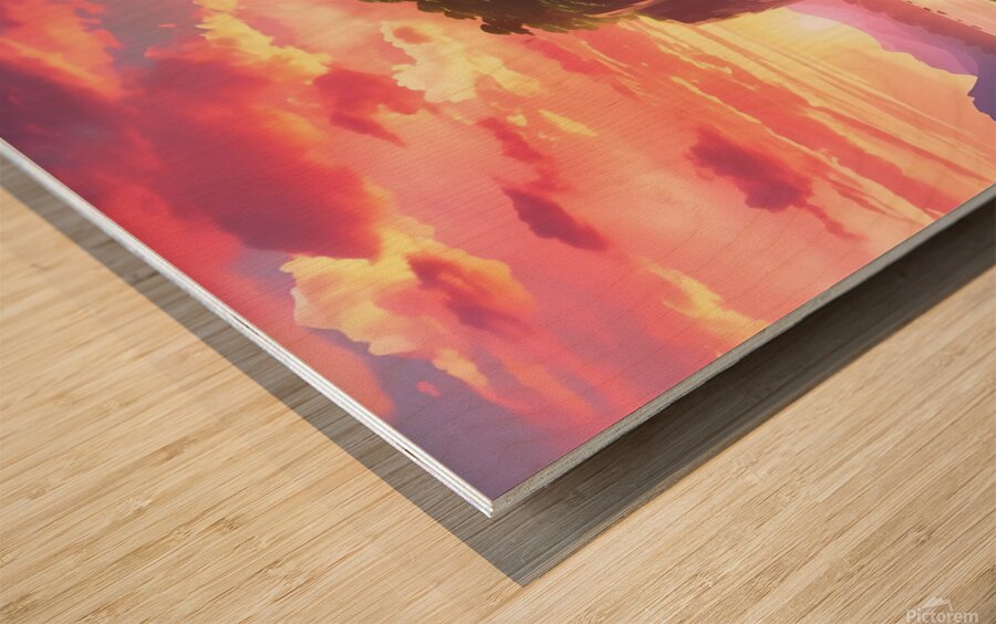 Majestic Anime-Style Waterfall Sunset – A Dreamlike Cloud Aesthetic Wood print