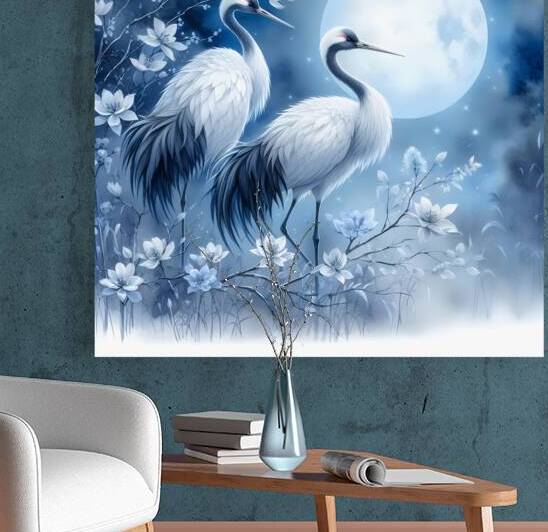 Natures Beauty  White Cranes and Night Blossoms by Nature s Reflections