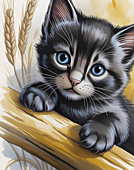 Blue-Eyed Kitten on a Wooden Branch by Golden Nile Studio