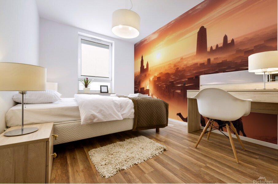 Sunrise over Timbuktu as a camel caravan passes through the town - View  4 Mural print