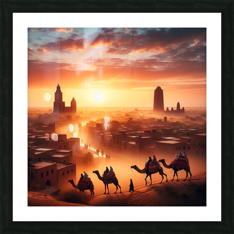 Sunrise over Timbuktu as a camel caravan passes through the town - View  4 Picture Frame print