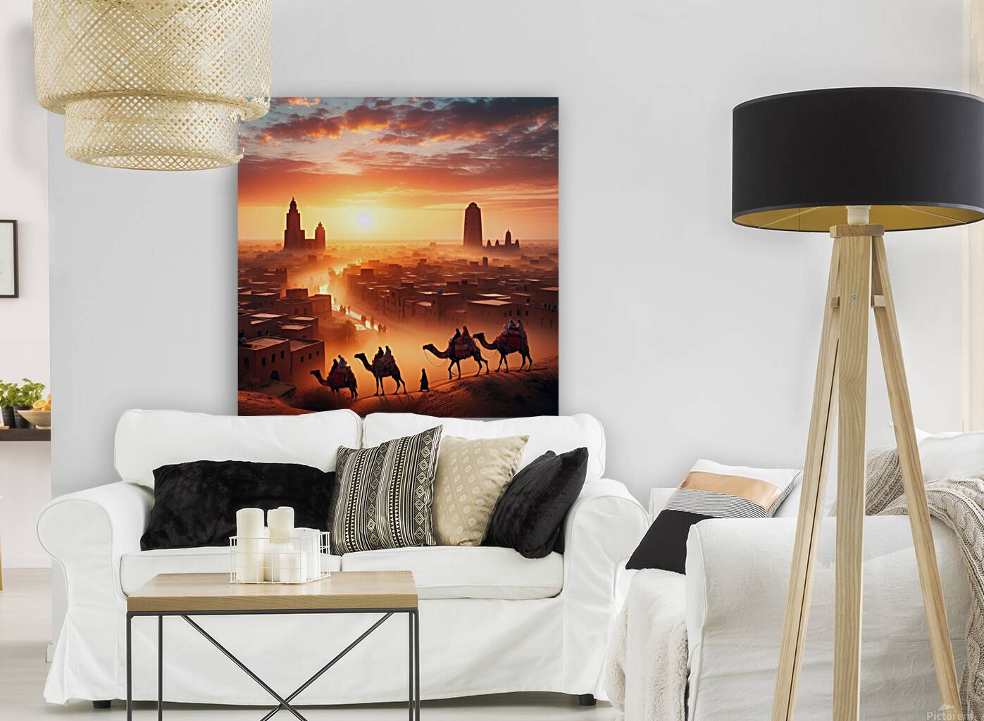 Sunrise over Timbuktu as a camel caravan passes through the town - View  4 Reproduction