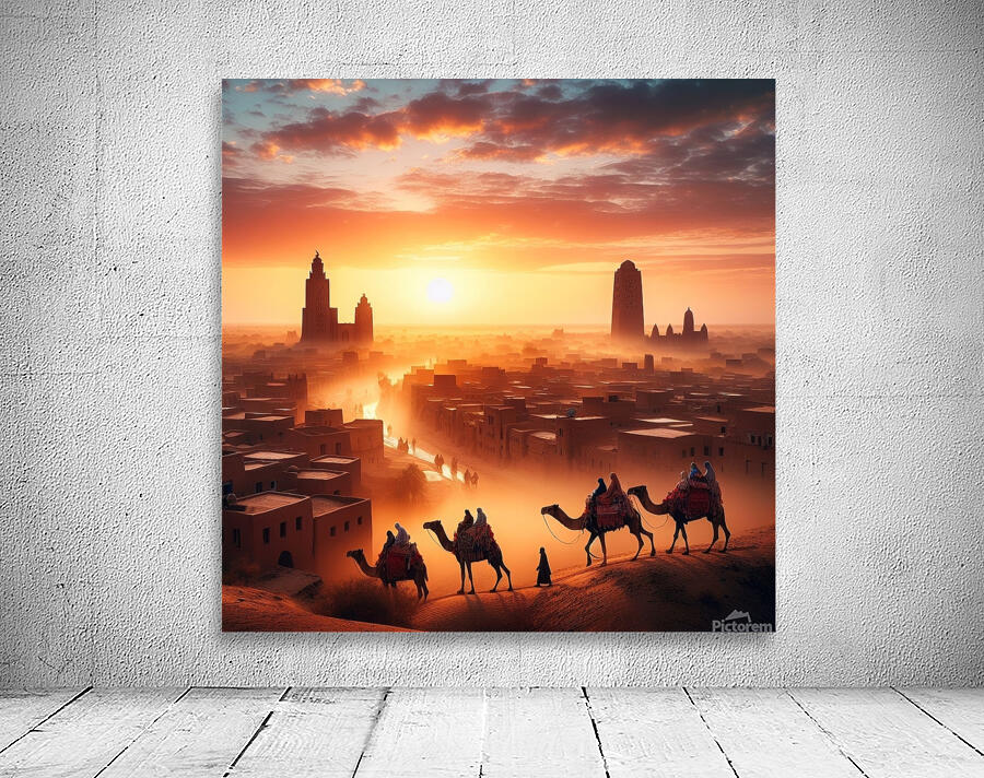 Sunrise over Timbuktu as a camel caravan passes through the town - View  4 Wall Preview