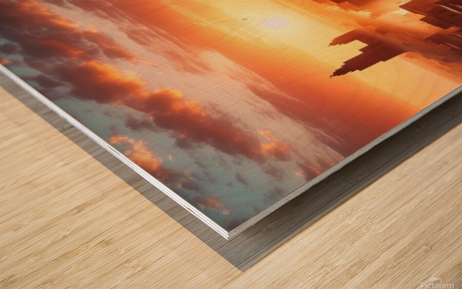 Sunrise over Timbuktu as a camel caravan passes through the town - View  4 Wood print