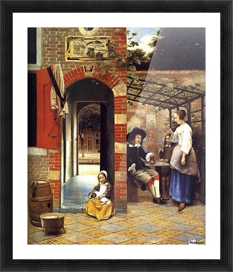 Figures drinking in a courtyard Picture Frame print