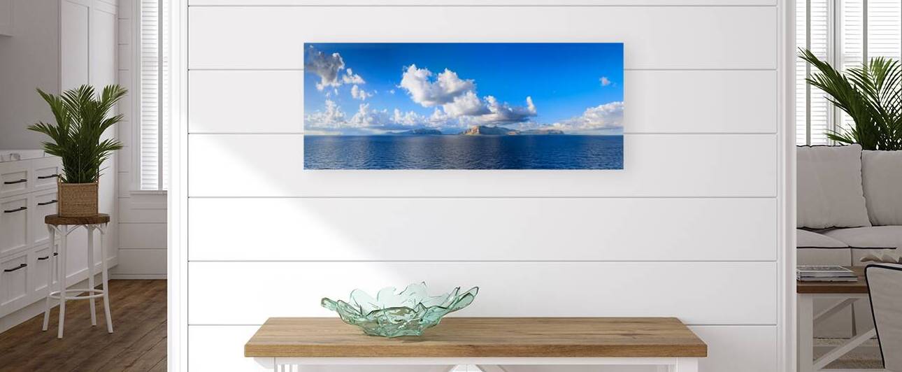 Panoramic view from the sea of ​​the Sicilian coast near Palermo southern Italy: the Capo Gallo Nature Reserve in the center. by Giuseppe Colasanto