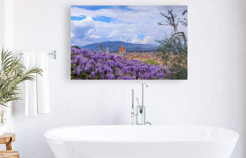 Springtime wiew of Florence: Cathedral of Santa Maria del Fiore as seen from Bardini Garden with typical wisteria in bloom. by Giuseppe Colasanto