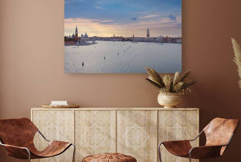 Twilight over the Venetian Lagoon: the iconic Venice skyline with the bell towers of St. Marks Basilica and the Church of San Giorgio Maggiore.. by Giuseppe Colasanto