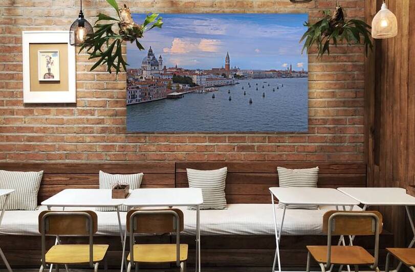 Venice cityscape from the Giudecca Canal: aerial view with a glimpse of Santa Maria della Salute with the Punta della Dogana St. Marks Campanile and the Doges Palace in Italy. by Giuseppe Colasanto