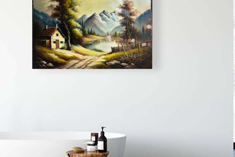 Vintage Mountain Landscape Oil Painting | Antique Country Artwork for Cottage Decor | Stunning Composition with Visible Brushwork and Resplendent Use of Light | Evocative Scene of Trees Lake and Mountains by BLONSKY