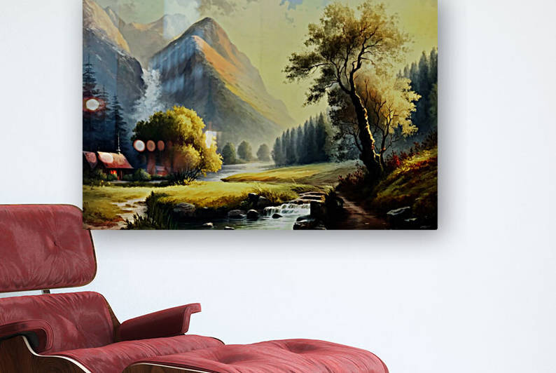 Vintage Mountain Landscape Oil Painting | Antique Country Artwork for Cottage Decor | Stunning Composition with Visible Brushwork and Resplendent Use of Light | Evocative Scene of Trees Lake and Mountains by BLONSKY
