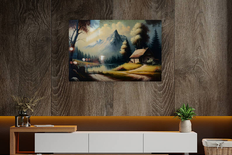 Vintage Mountain Landscape Oil Painting | Antique Country Artwork for Cottage Decor | Stunning Composition with Visible Brushwork and Resplendent Use of Light | Evocative Scene of Trees Lake and Mountains by BLONSKY