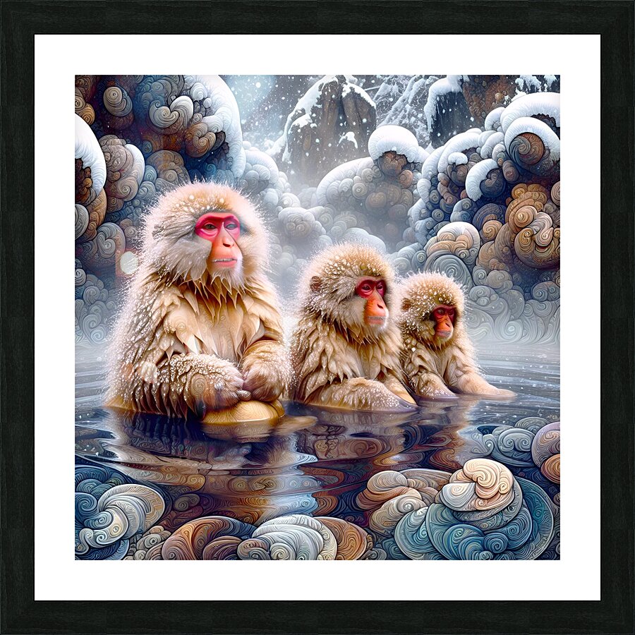 Macaques in hot spring Picture Frame print