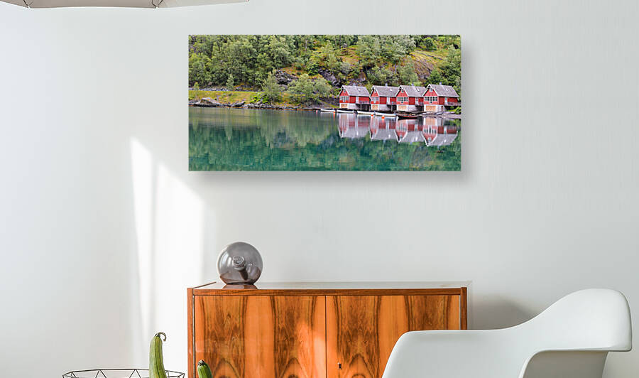 Red Boat Houses Water Reflection 02 2x1 by WorldHQPhotos