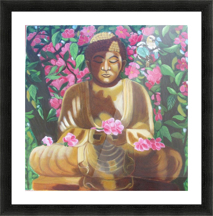 buddha under a flowering tree Picture Frame print