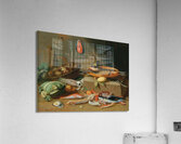 A kitchen still life with fish. Vegetables and a cat by Pseudo Jan van Kessel II Acrylic Print