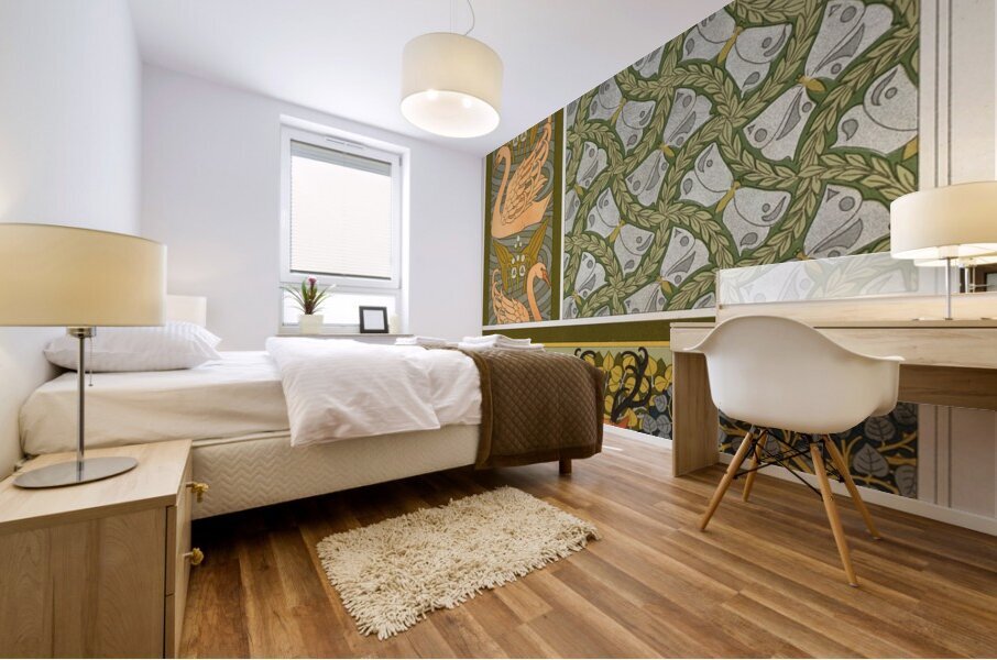 Cygnes et sagittaire. Bordure. Pappillons et feuillages. étoffe. Cerfs et biches. Frise. [1897] by Maurice Pillard Verneuil [1869–1942] Mural print