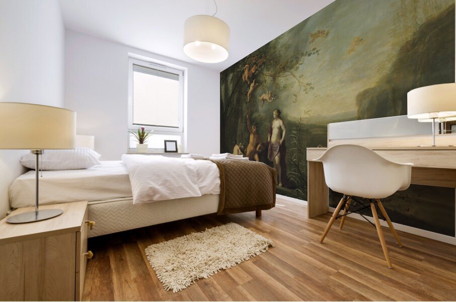 Bacchus. Venus and Ceres under a grapevine in a pastoral landscape with putti. Nymphs and satyrs [1640] by Cornelis Van Poelenburch [1594–95–1667] Mural print