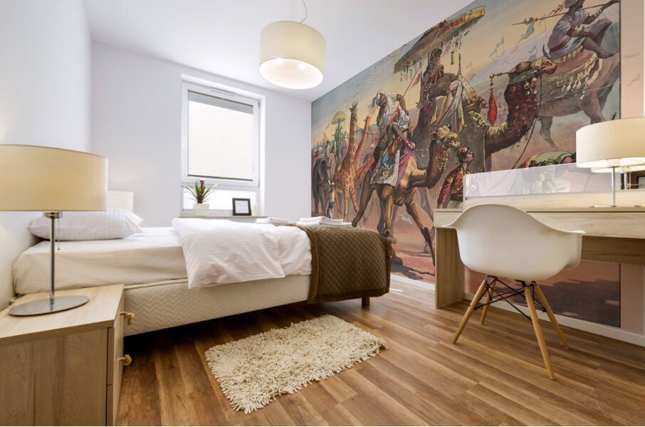 Circus troupe with people in exotic dress riding camels. Giraffes. Elephants [1890] by Calvert Litho. Co [1863–] Mural print