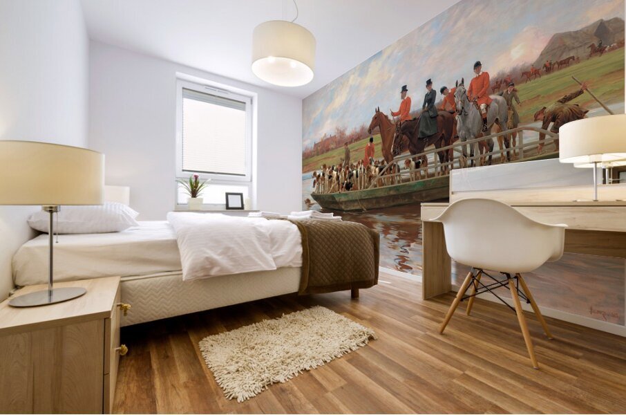 Mr. Edward Lycett Green and the York and Ainsty Hounds on the Ferry at Newby [1898] by Thomas Blinks [1853–1912] Mural print