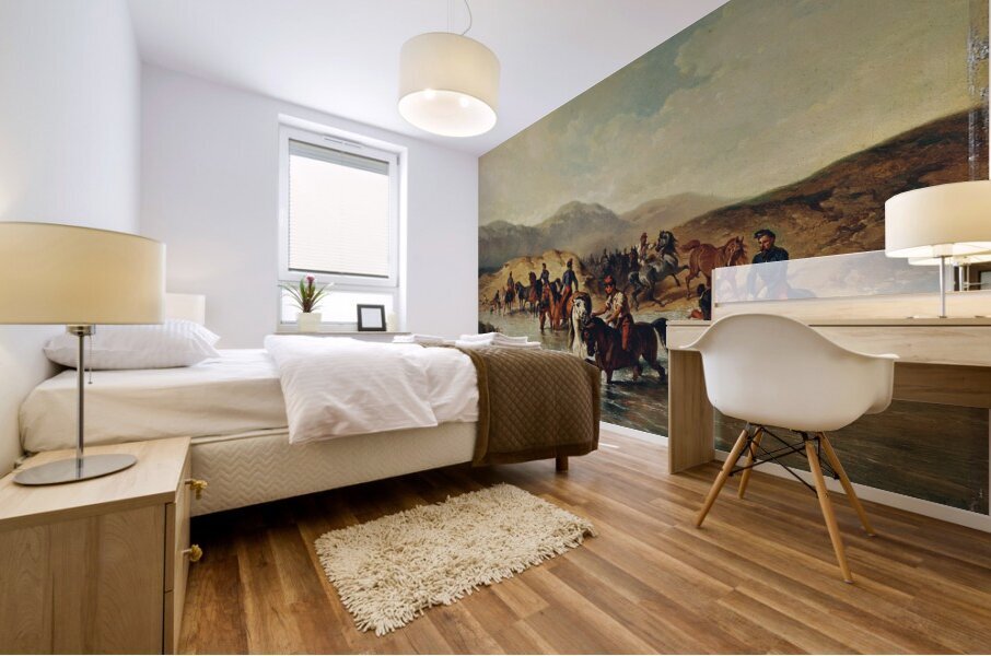 Französische Kavallerie in der Pferdeschwemme [1867] by Joseph Anton Strassgschwandtner [1826–1881] Mural print